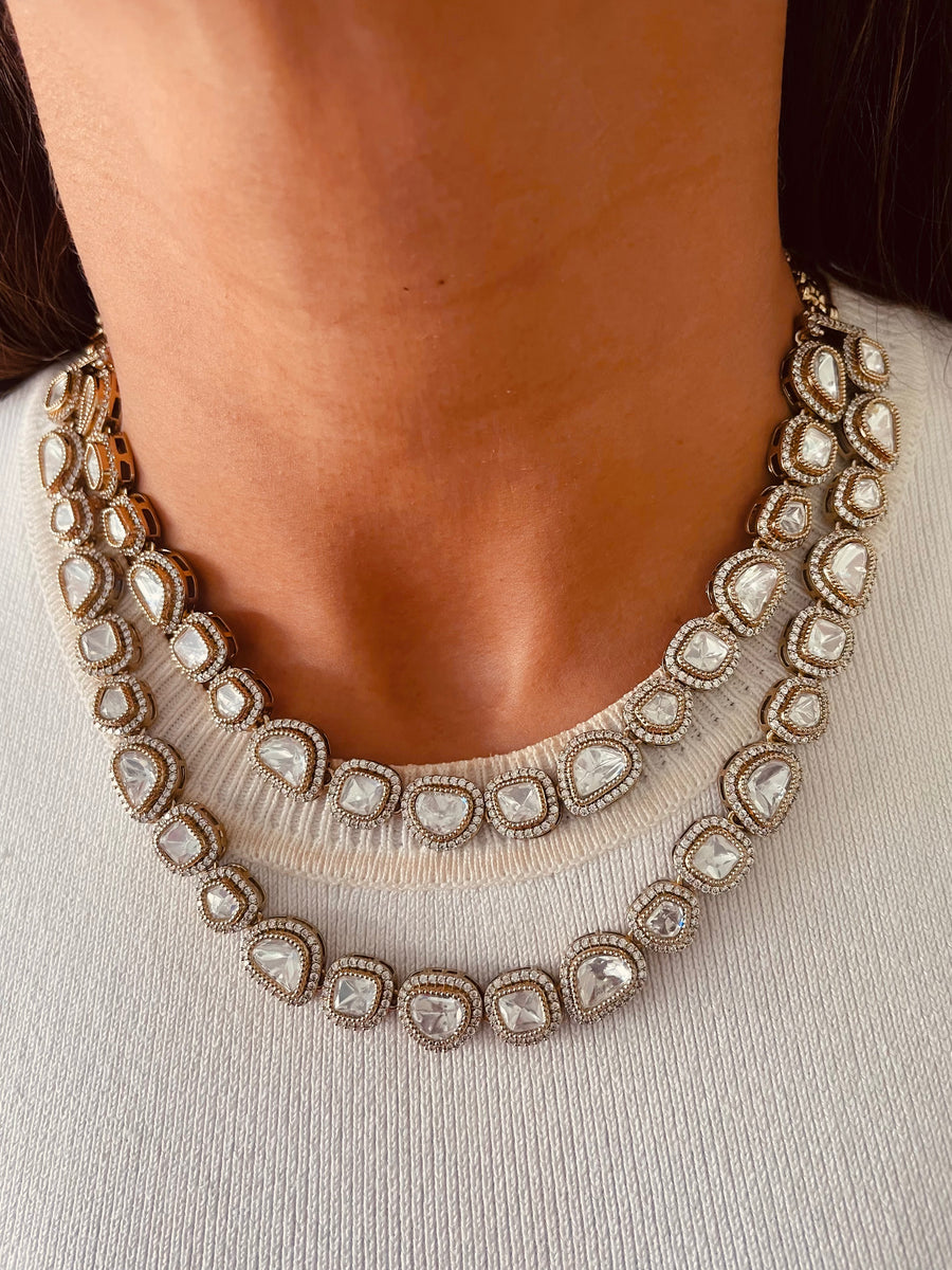 Zarfina Noor-e-Tilisma Double Courtly Moissanite Polki Kundan Haar Necklace Set (Necklace & Earrings)