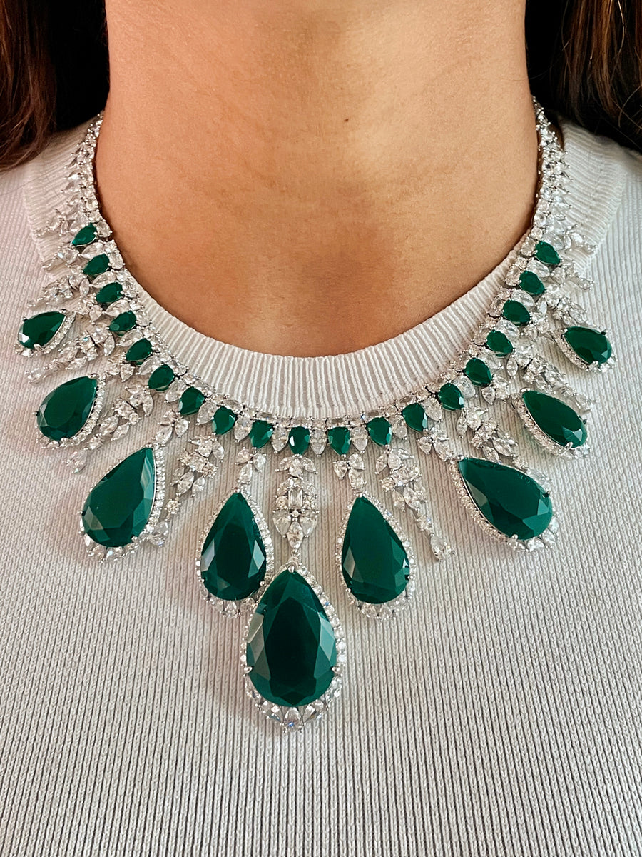 Emerald Drops Diamond Setting Statement Choker Set (Earrings & Necklace)