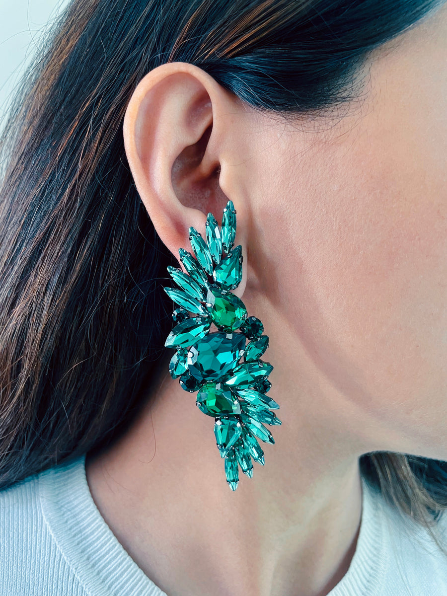 Emerald Crystal Studded Long Earrings