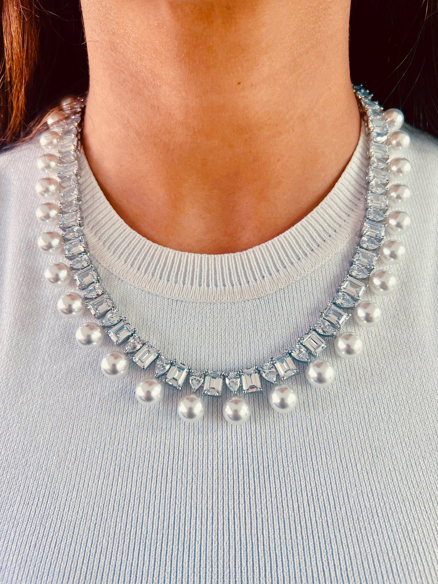 White & Pearl Drop Diamond Set (Necklace & Earrings)