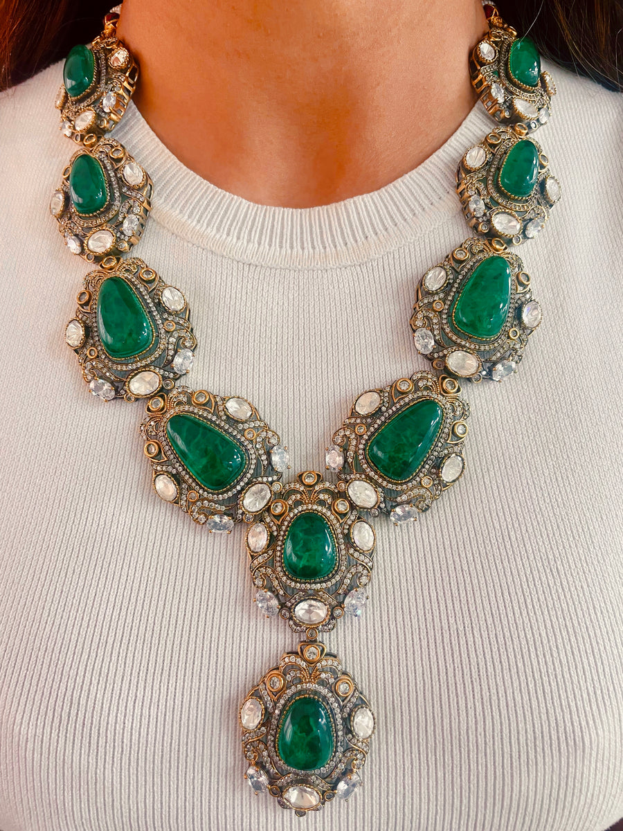 Antique Emerald, Polki & Diamond Set (Earrings, Necklace & Ring)