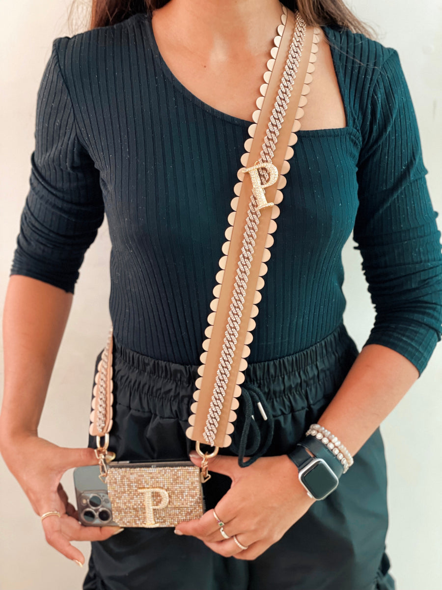 Personalized Jewelled Gold Sling Case with Rose Gold Leather Strap Diamond Studded Oneplus