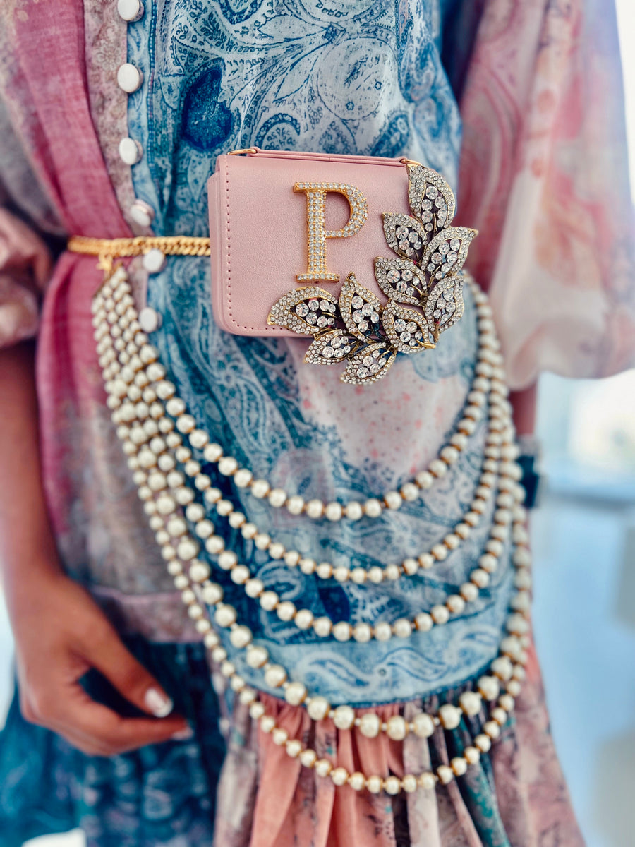 Personalized Light Pink Nano Bag with Diamond Studded Brooch & Waist Chain