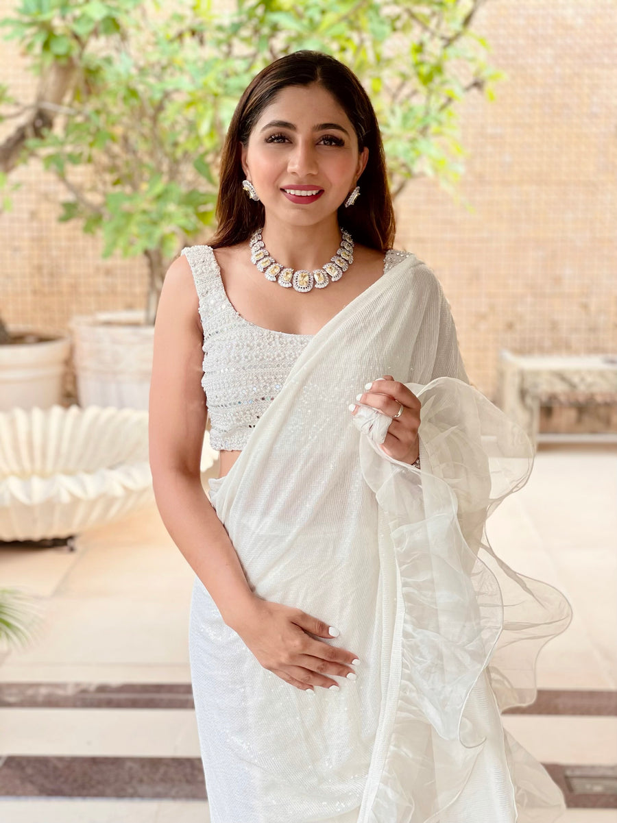White Mirrorwork, Pearls & Sequin Pre Stitched Sari