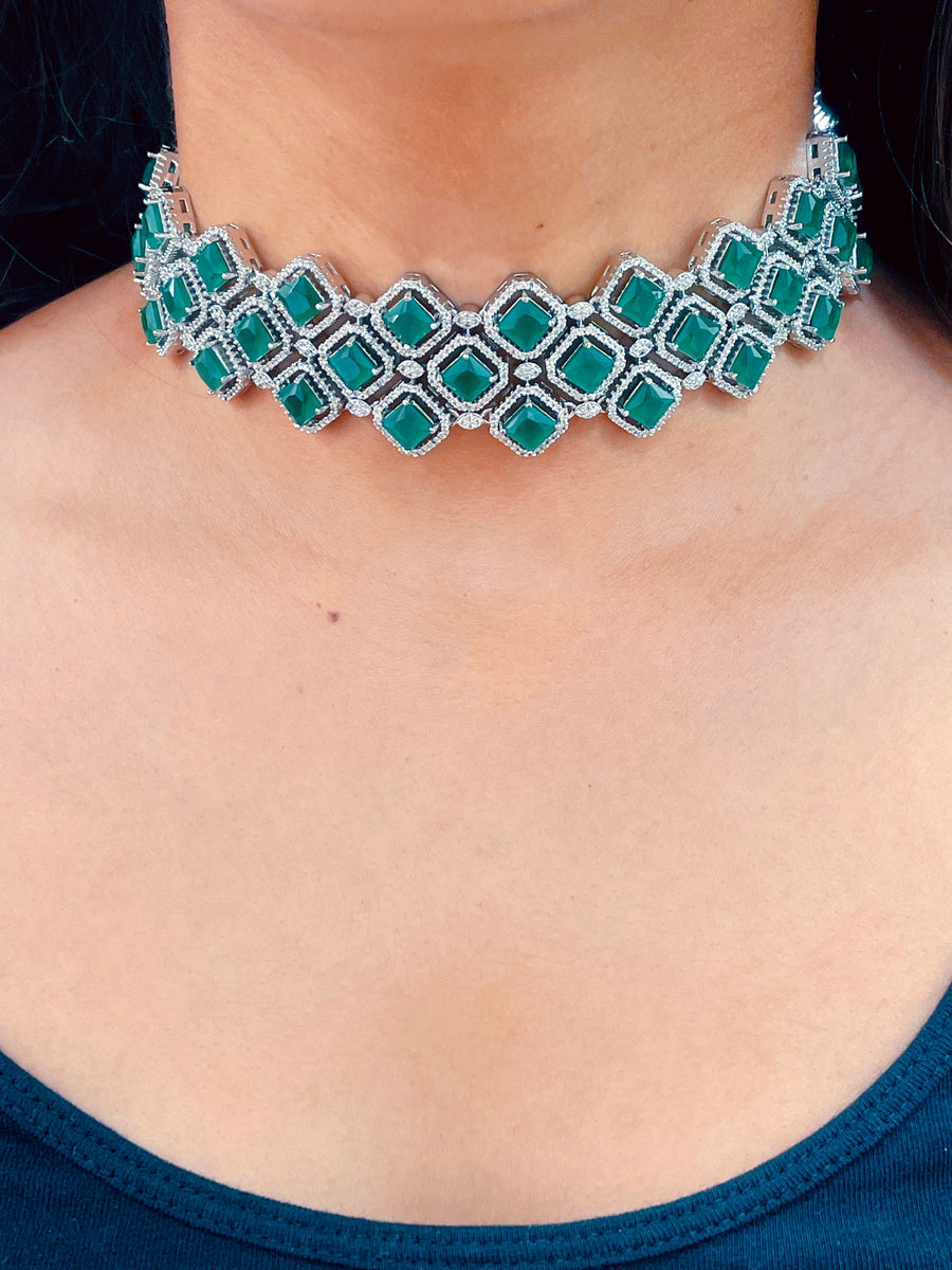 Maharani Choker & Statement Emerald Necklace Set (Two Necklaces & Two Earrings Included)
