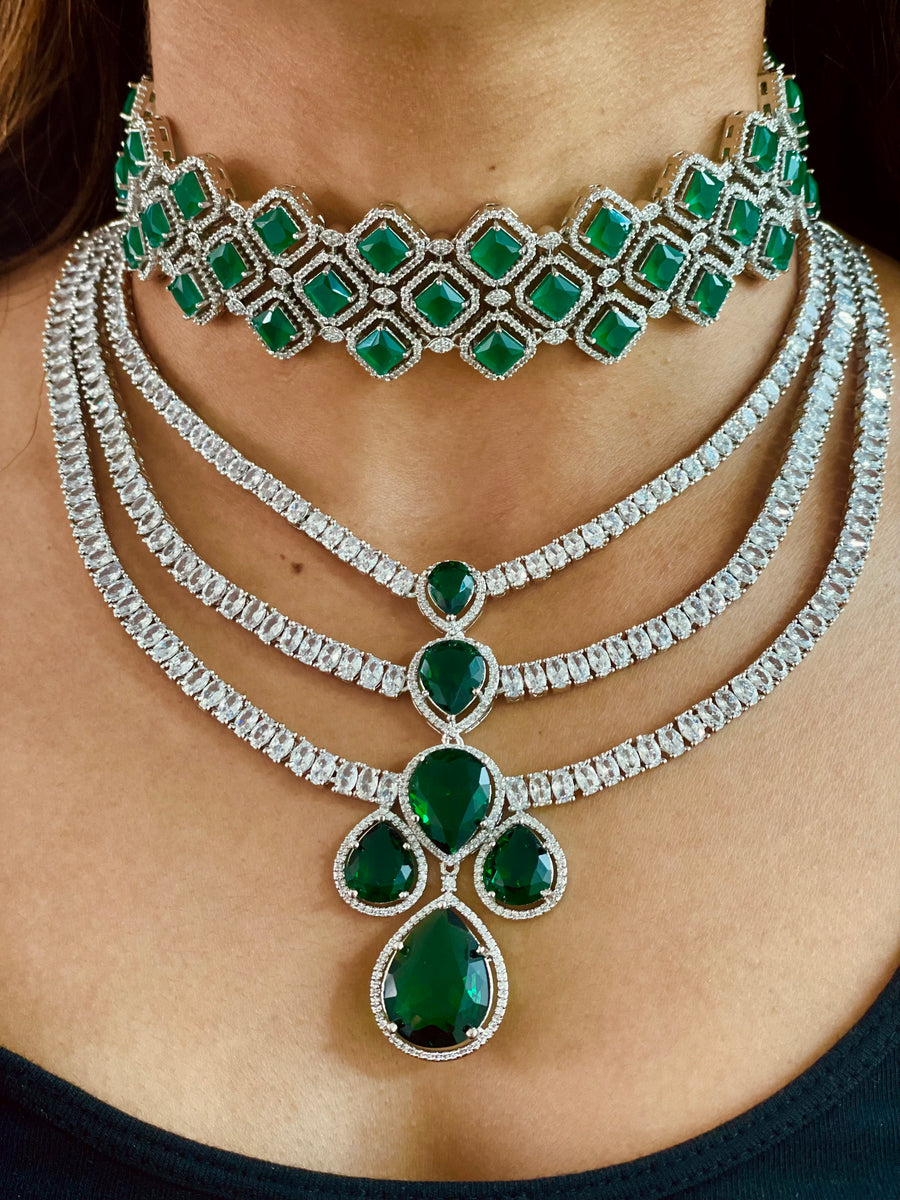 Maharani Choker & Statement Emerald Necklace Set (Two Necklaces & Two Earrings Included)