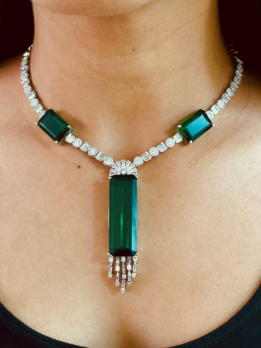 Rectangular Emerald with Diamond Setting Statement Necklace Set (Earrings & Necklace)