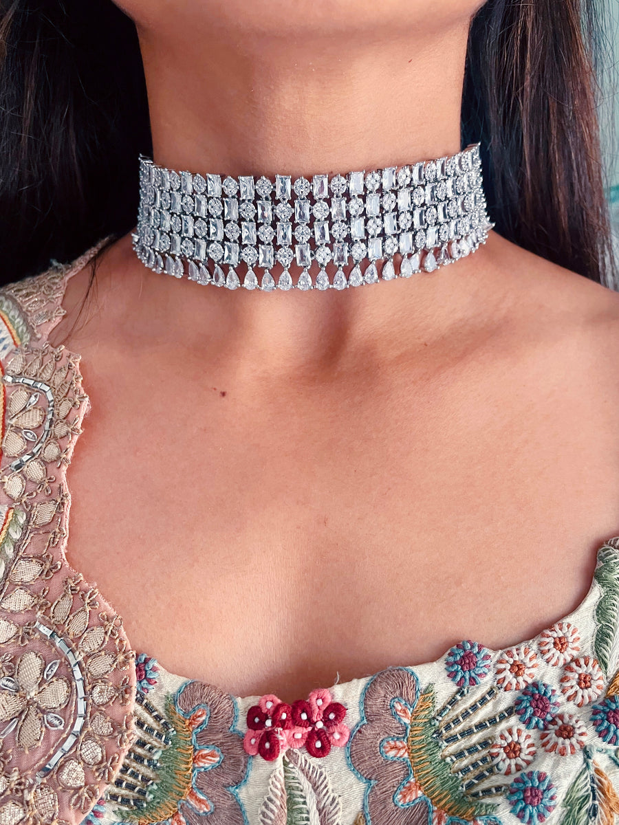 Rectangular & Round Diamond Choker Set (Earrings & Necklace)