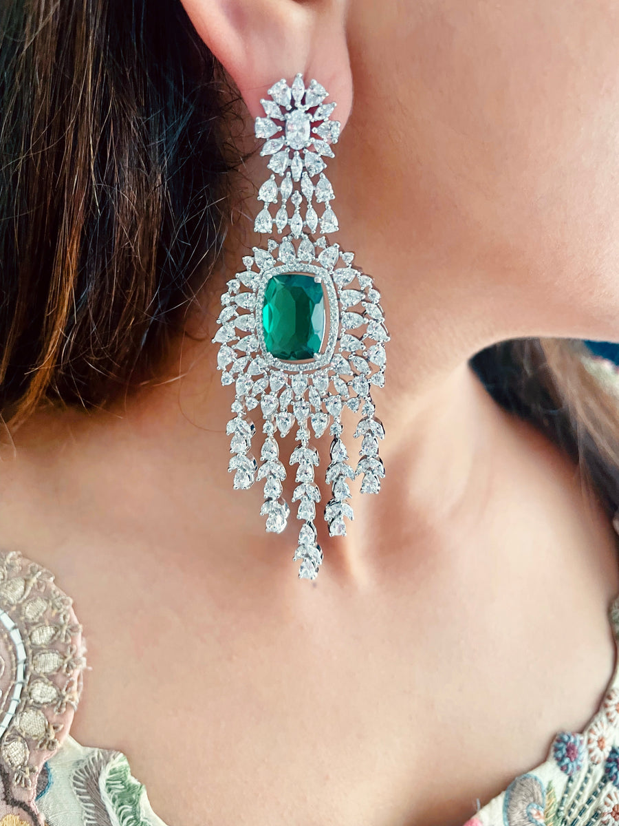 Three Layer with Emerald & Diamond Center Necklace Set (Earrings & Necklace)