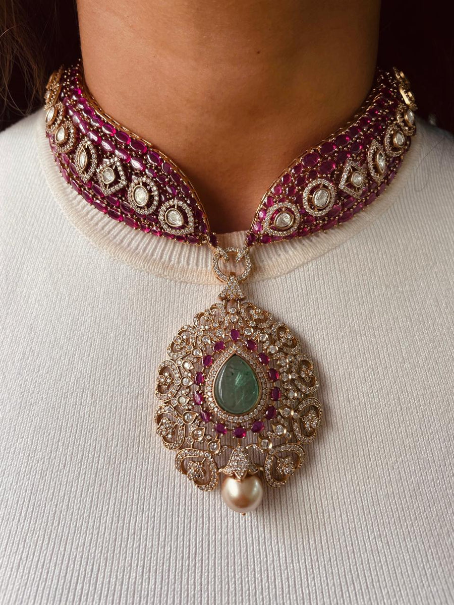 Ruby Statement Emerald Tear Pearl Drop Diamond Polki Kundan Necklace Set (Necklace Earrings)