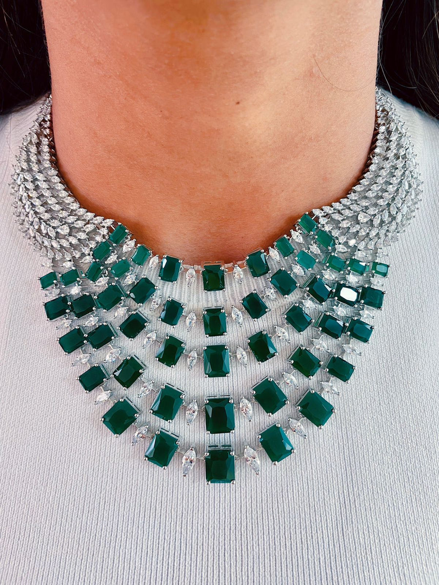 Square Emerald Stone with Diamond Wings Necklace