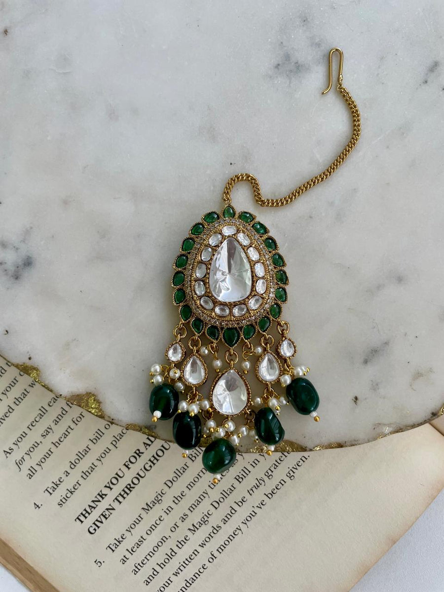 Urwa Emerald Dual String Polki Kundan Drops Necklace Set (Necklace