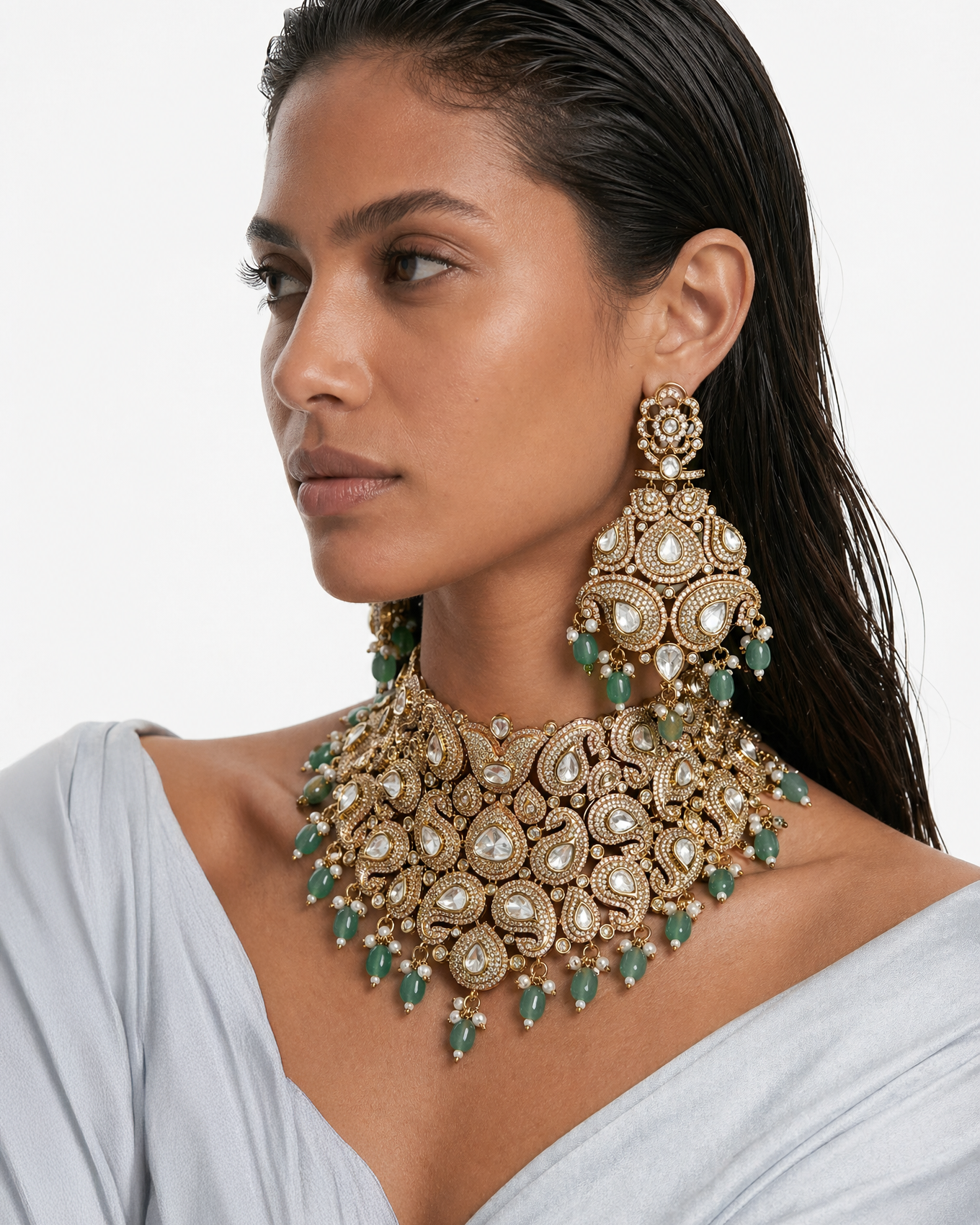 Zabeer Multan Zabeer Mint Semi Precious Pearls Moissanite Polki Kundan Necklace ...