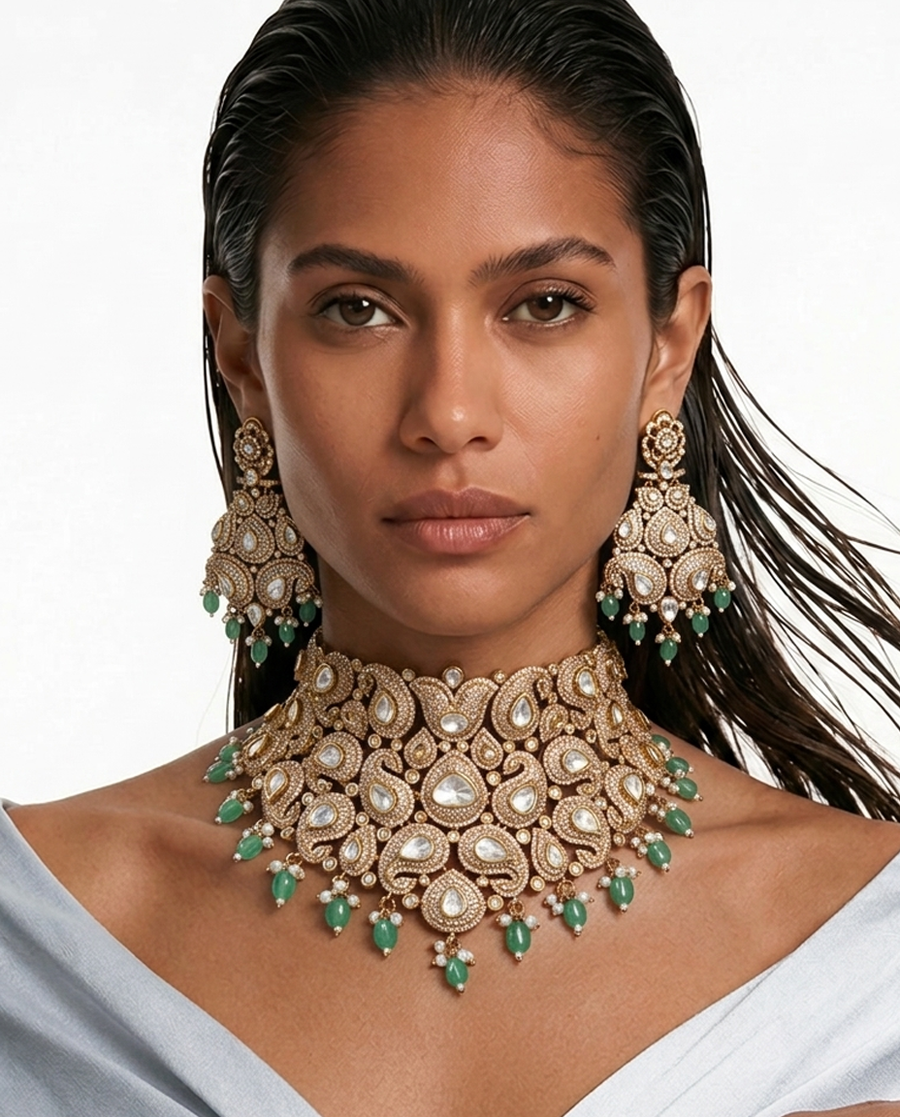 Zabeer Mint Semi Precious Pearls Moissanite Polki Kundan Necklace ...