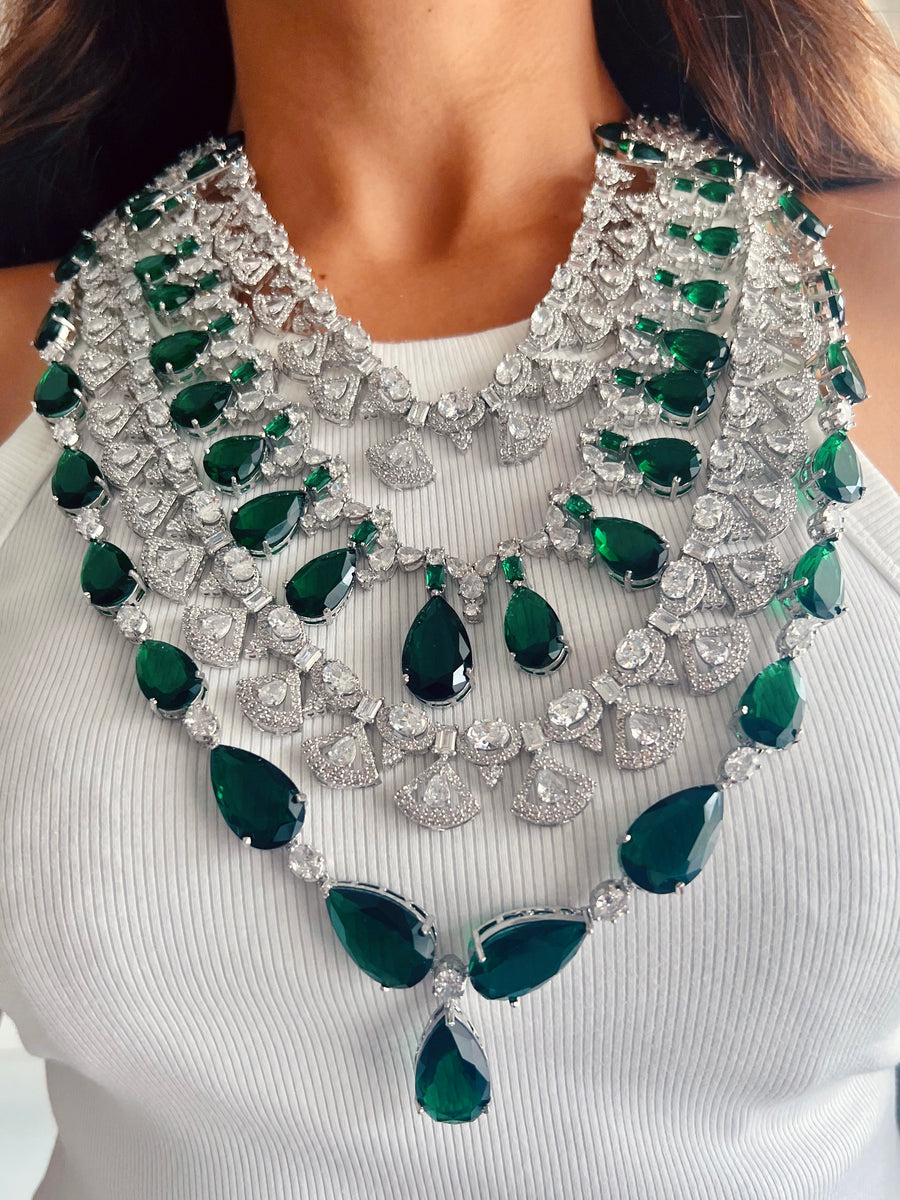 Classy Zambian Emerald Green Cz Diamond Stones Statement Necklace Set |  Khwaish Jewellery