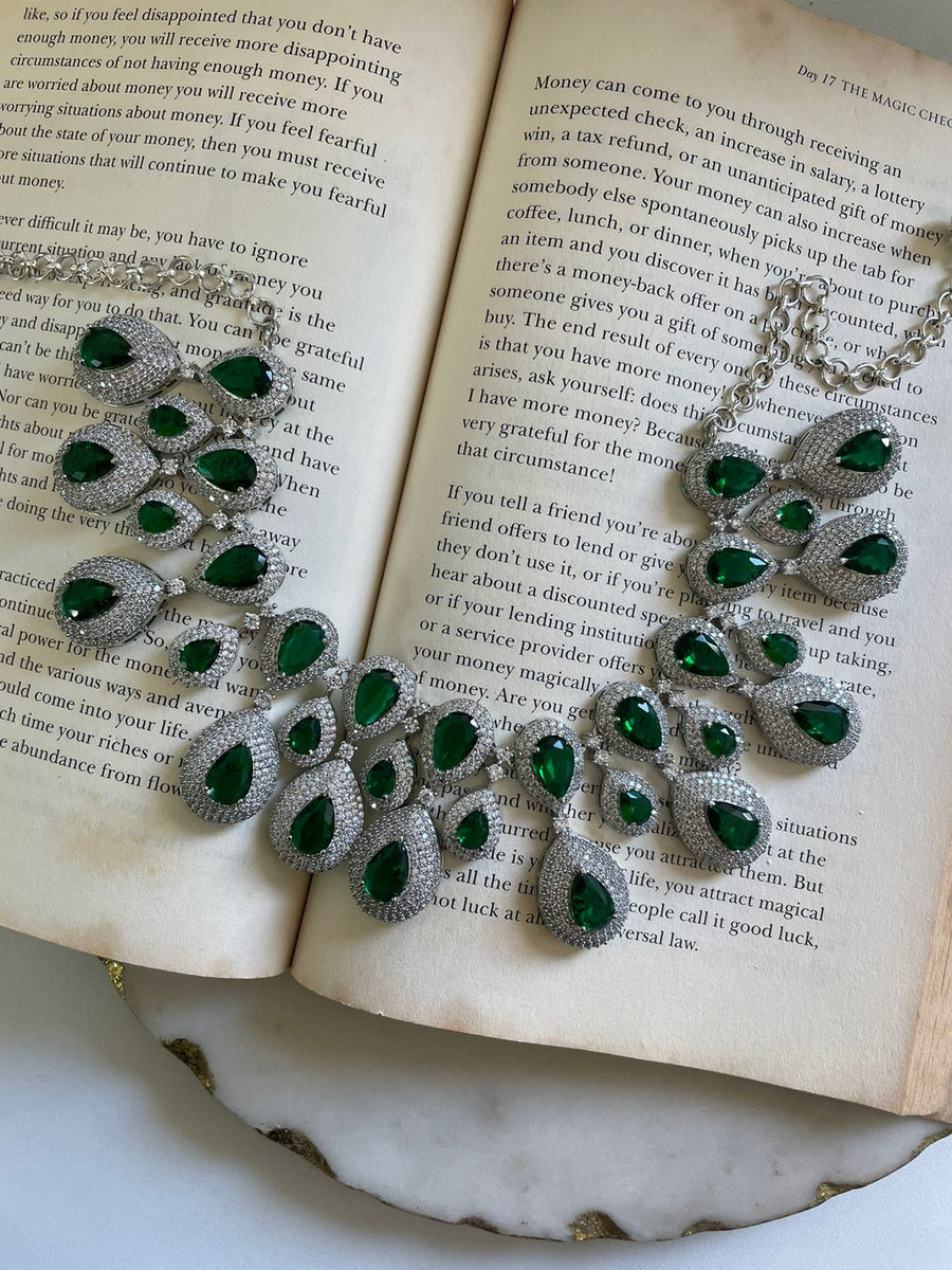 Peacock Emerald Diamond Choker Set (Earrings & Necklace)