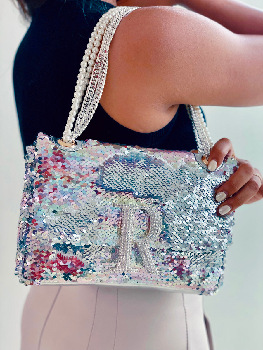 Personalized Two Toned Silver & Pastel Rainbow Quence Bag