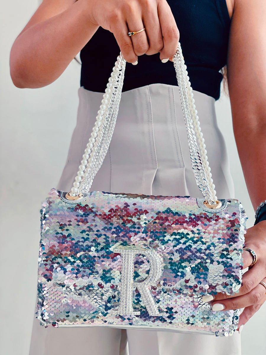 Personalized Two Toned Silver & Pastel Rainbow Quence Bag