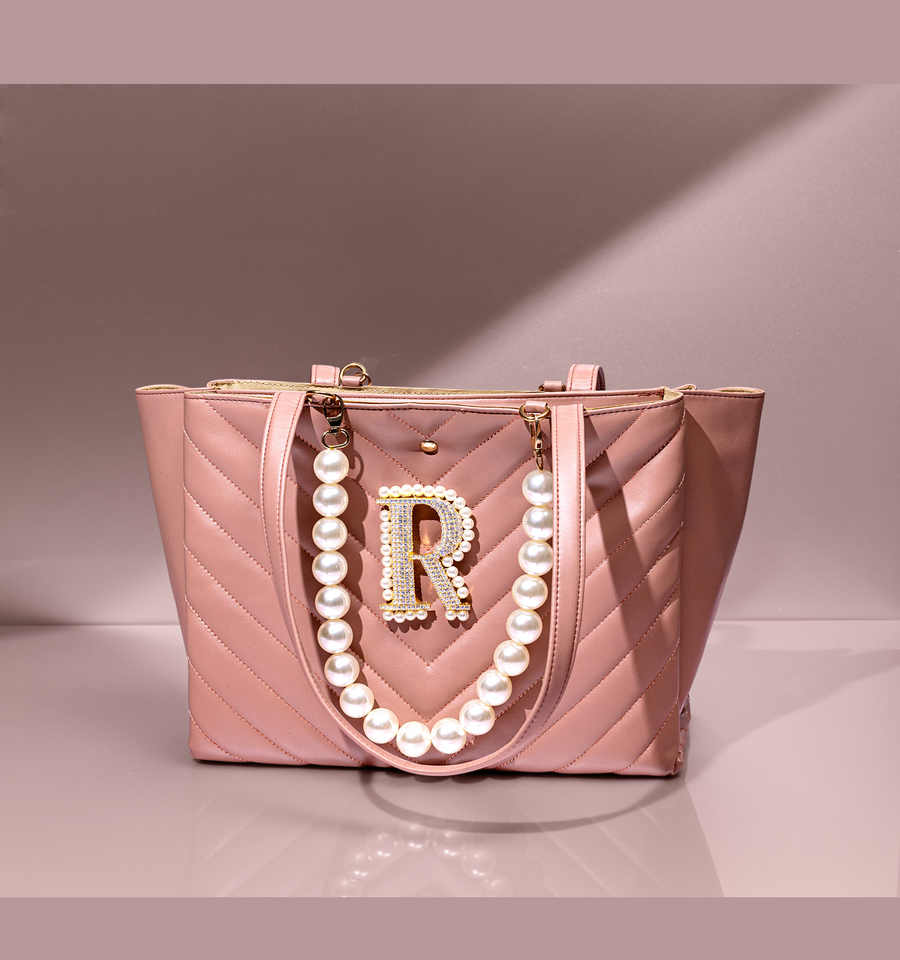 Personalized Dusky Rose Quilted Tote Bag with Embellished Pink Strap