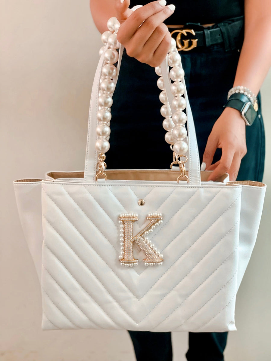 Personalized White Quilted Tote Bag with Embellished Strap