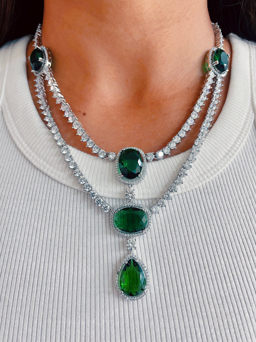 Three Layered Diamond and Emerald Set (Earrings & Necklace)