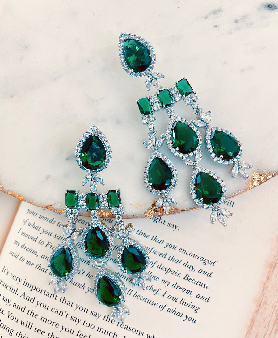 Flower Design Round Cut Emerald Green Sterling Silver Earrings – shine of  diamond